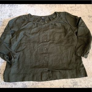 J Crew Black Label Green Button Up Eyelet Blouse